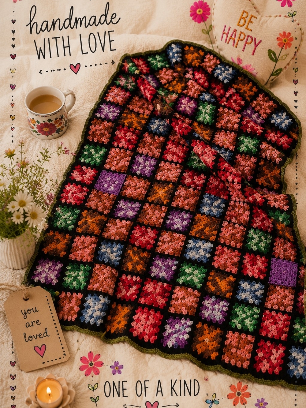 Vintage-  Granny Square Handmade Multicolor Crochet Throw Blanket